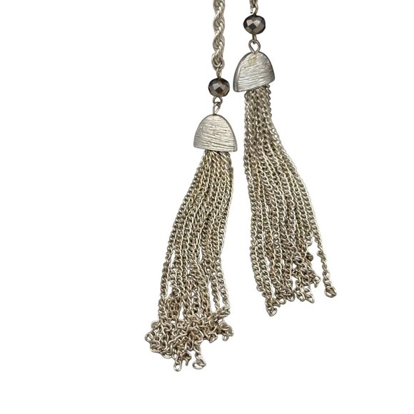 Twist Rope Chain Tassel Lariat Necklace Silver Tone Chic Elegant Minimalist - Picture 2 of 7